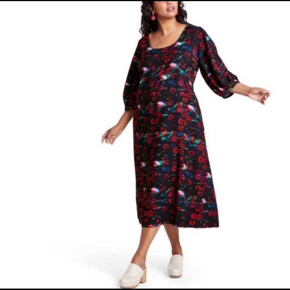 Rachel Comey Black Floral Midi Dress with Red and Teal Accents